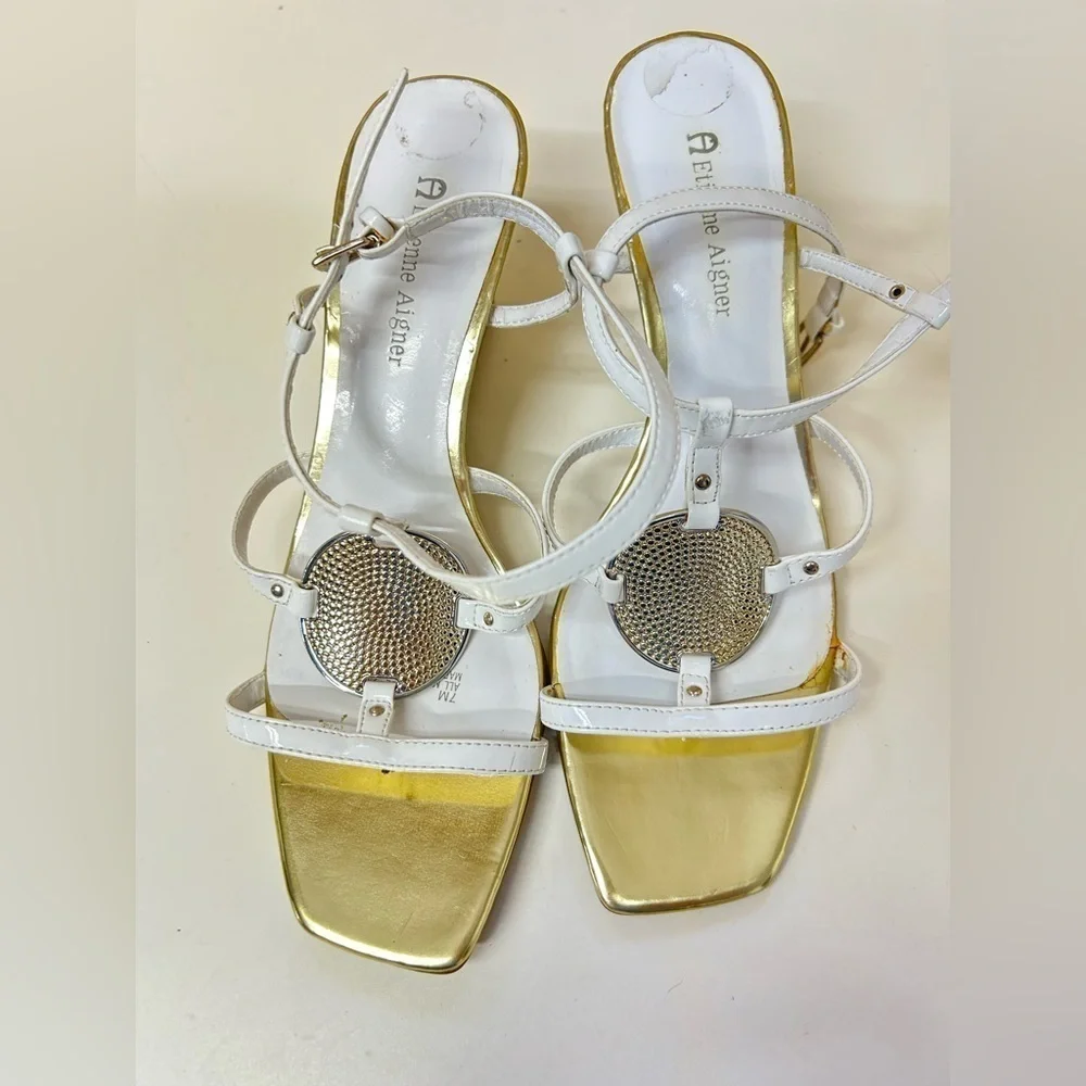 Etienne Aigner White and Gold High-Heeled Sandals